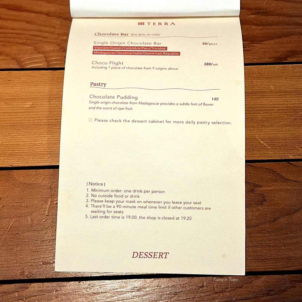 TERRA Bean to Bar Chocolate menu